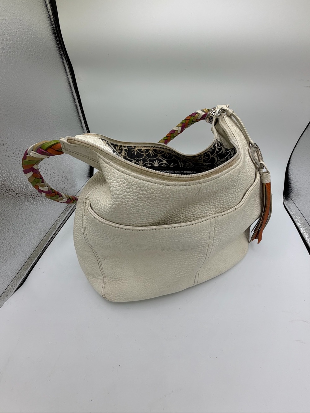 Brighton White Leather Shoulder Bag with Multicolor Braided Handle